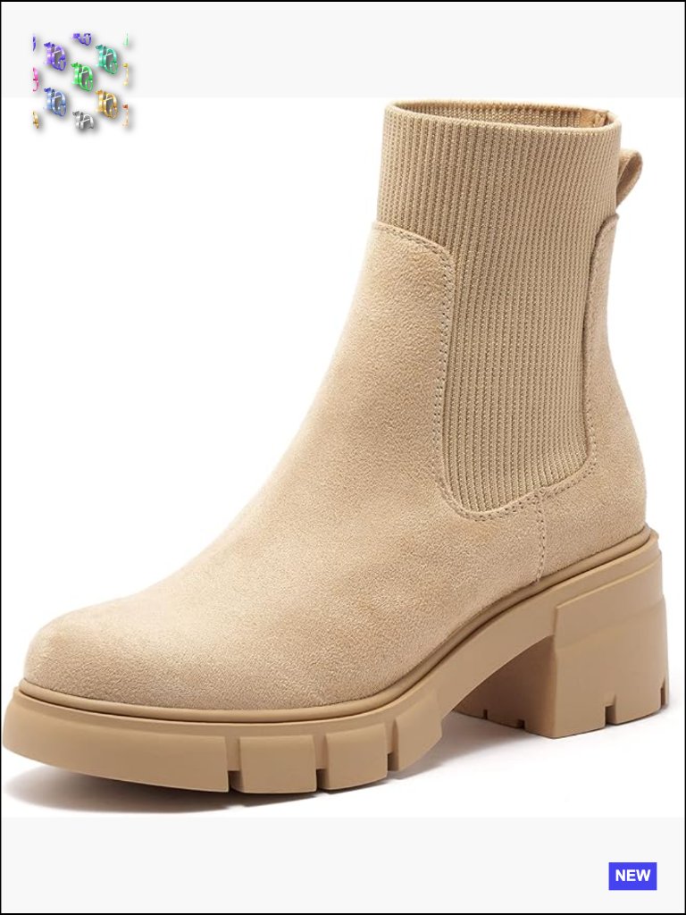 Chunky Block Heel Lug Sole Ankle Booties Elastic Chelsea Boots Platform Winter